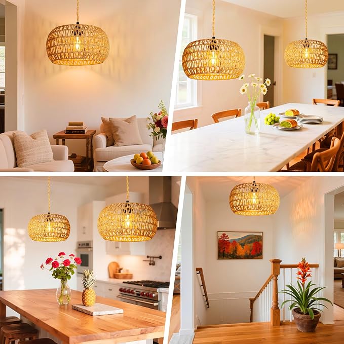 Hanging Light Ceiling Lamp Pendant Lights Rattan Hanging Lamp with Plug in Cord for Living Room Bedroom Kitchen Indoor Hanging Lamp Plug in Woven Lampshade
