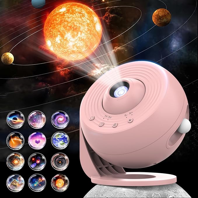 Galaxy Projector for Bedroom, HD Image Star Projector Galaxy Light Adjustable Knob, 12 Film Discs Planetarium Projector for Kids, 360° Rotating 1/2h Timer Simple 4-Button Control Pink