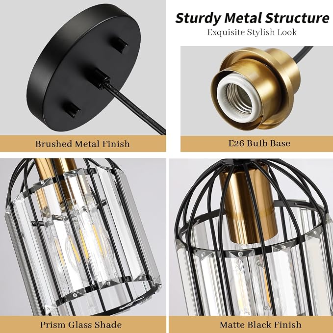 TALOYA Pendant Lights Kitchen Island Black, Crystal Pendant Light Modern for Dining Room, Height Adjustable Chandelier Hanging Island Light Fixtures for Kitchen Hallway(Bulb Not Included)