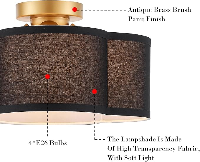 VILUXY Black Semi Flush Mount Ceiling Light Fixture, 4-Light Modern Ceiling Light with Linen Fabric Shade Farmhouse Drum Close to Ceiling Light for Bedroom Hallway Nursery Entryway, UL Listed