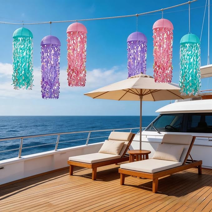 Jellyfish Paper Lanterns with LED Lights Set of 6, Lilac/Pink/Turquoise Dome Hanging Floating Decorations for Under The Sea Party Mermaid Birthday Ocean Classroom Beach Room Aesthetic