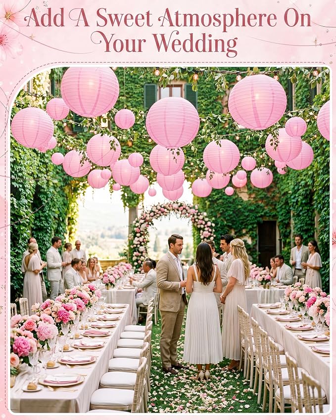 Treela 48 Pcs Paper Lanterns Party Decorations Chinese Round Paper Decor 4/6/8/10 Inch Asian Hanging Lamps Decorative for Graduate Wedding Birthday Party Bridal Parties Supplies (Pink)