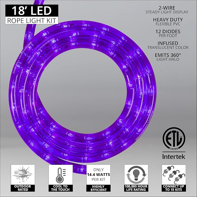 Wintergreen Lighting 18' LED Purple Rope Light, Halloween Decoration, 120V, ½ Inch, 2-Wire – Clips and Power Cord Included