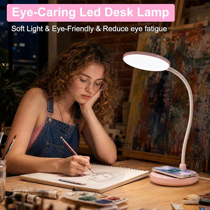 Pink Desk Lamp, Cute Desk Lamp for Girls, Wireless Charger, Dorm | 3 Color Modes, Stepless Dimming Desk Light, 360°Flexible Neck Table Lamp for Bedside Reading, Kids Room, with Adapter