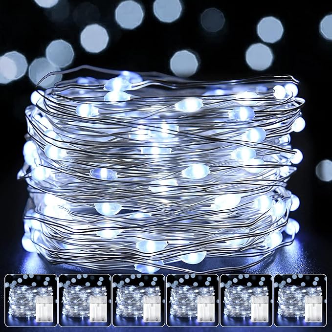 6 Pack LED Fairy Lights Battery Operated 20FT 60 LEDs Silver Wire String Lights Twinkle Lights Starry Fairy Lights for Bedroom Christmas Wedding Party Indoor Outdoor Decorations, Cool White