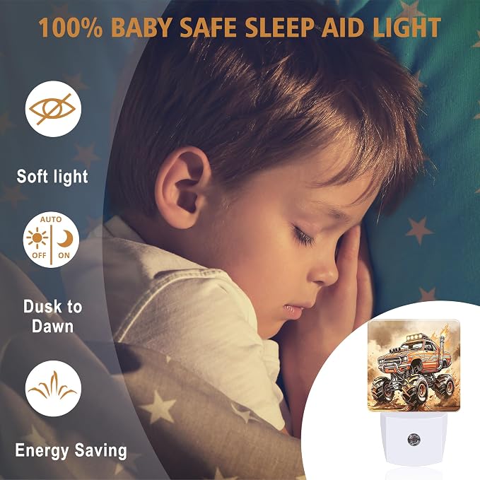 Night Light Off Road Trucks Night Lights Plug into Wall with Dusk to Dawn Smart Sensor for Bedroom Bathroom Hallway Kitchen, Warm Nightlights for Boys Girls Women Men