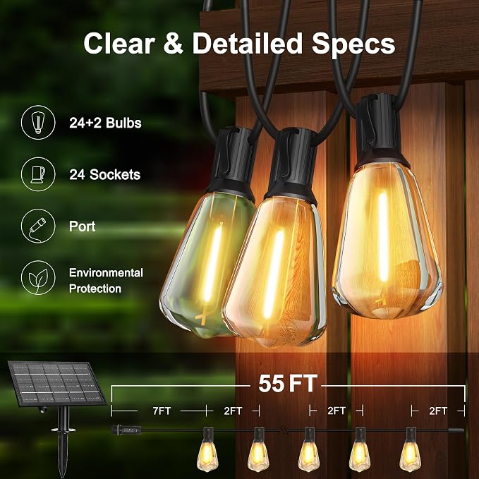 BLIATLUS 55FT Solar String Lights, Waterproof Outdoor with Remote 24+2 ST38 LED for Backyard Bistro Porch