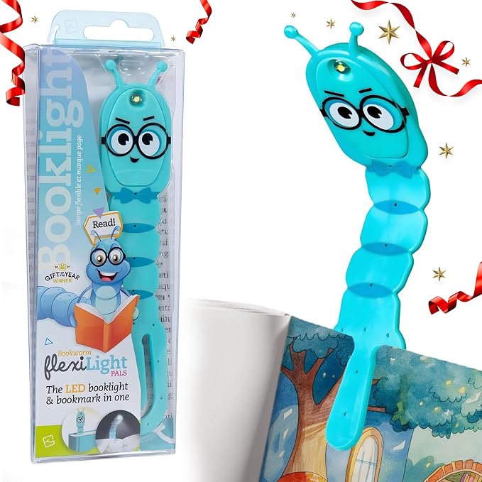 Gifts for Readers & Writers Book Light for Kids, Clip On Reading Light for Bed, 2in1 Flexilight Pals & Bookmark, Small & Lightweight with a Soft Glow, 2 Batteries Included, Bookworm Teal