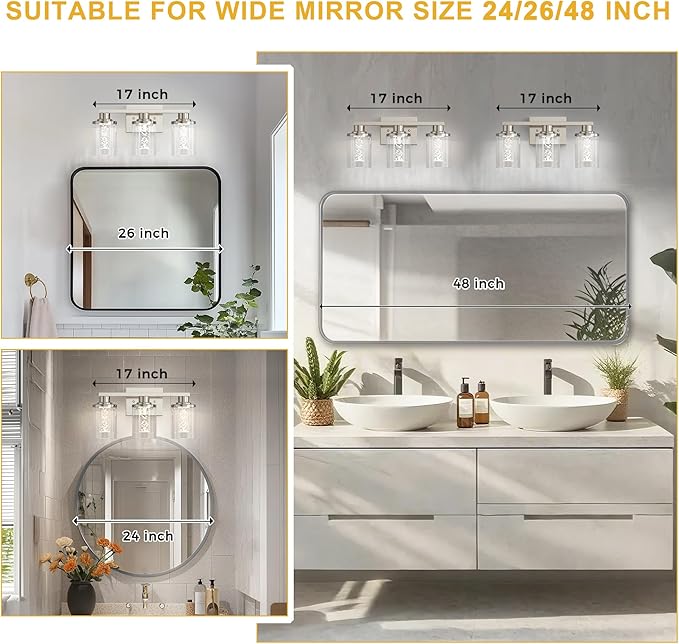L LOHAS LED 3-Light Brushed Nickel Vanity Lights with 5CCT, Eye Protection LED Bathroom Light Fixtures, Dimmable Modern Bathroom Vanity Light Over Mirror with Clear Glass Shade