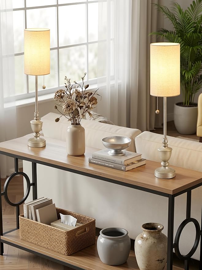 Buffet Table Lamps Set of 2 - 28" Tall Skinny Brushed Nickel Finish Resin Table Lamp for Living Room,Traditional Candlestick Lamp with Pull Chain for Console Table,Dining Room,Entryway,Hallway,Bedside