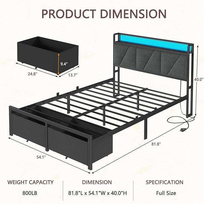 Full Size Bed Frame with 2 Storage Drawers & Upholstered Headboard | Metal Platform Bed with Storage Shelf, Charging Station, LED Lights and Heavy-Duty slats, No Spring Box Needed, Noise-Free