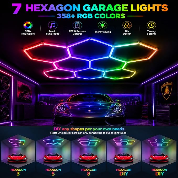 RGB Hexagon LED Garage Lights, 7 Hexagons 31 Tubes, App & Remote Control Color Changing Honeycomb Wall Ceiling Lights for Garage, Gaming Room, Gym, Car Detailing Shop