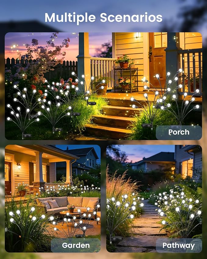 OZS 4 Pack Total 32 LED Solar Garden Lights Fairy Outdoor - Solar Firefly Lights Outdoor, Sway by Wind, Waterproof for Garden Patio Pathway Fairy Decoration (Cool White)