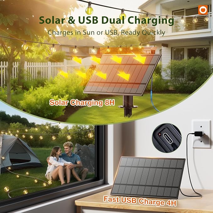 addlon 50FT 27LED Solar String Lights Outdoor Waterproof with Remote, USB | Shatterproof Outdoor Lights, Dimmable Timer, 3 Modes, Solar Powered Patio Lights for Outside, Backyard Garden Camping Pergola