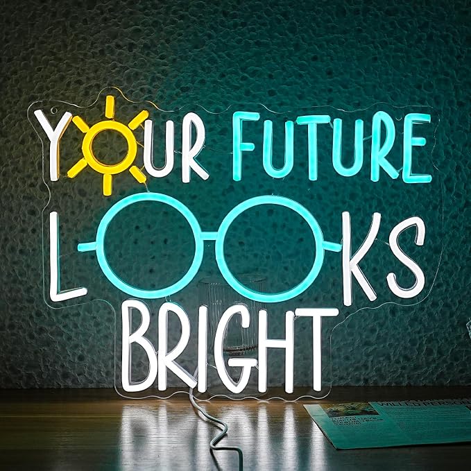 Your Future Looks Bright Neon Sign for Classroom Future Neon Light Eyeglasses Led Neon Sign Sunshine Light Up Sign for Classroom Office Bedroom Eyeglasses Store Class Office(16.5”*12.6”)