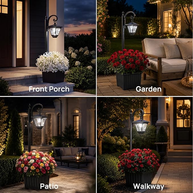 Solar Lamp Post Light with Planter, 2 in 1 Decorative Outdoor Solar Light | Dusk to Dawn, Cool White LED Light, IP44 Waterproof, 4 Solar Panels, Energy Saving, No Wiring Required, Porch, Patio, Garden.