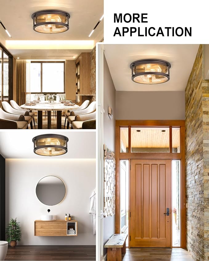 Vintage Oil-Rubbed Bronze Flush Mount Ceiling Light | 2-Light Ceiling Light with Metal Frame & Seeded Glass, Rustic Close to Ceiling Lighting for Hallway, Bedroom , Foyer