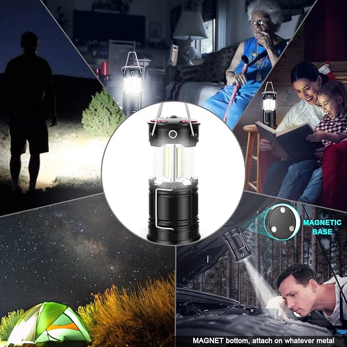 4 Pack Camping Lanterns Camping Essentials Tent Lights Camping Accessories | 2-in-1 Rechargeable Lantern, Hurricane Lights LED Lantern with Flashlight & Magnet Base for Camping, Hiking,Emergency, Outage