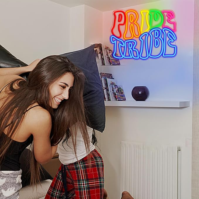 Pride Tribe Neon Sign for Wall Decor 16.54’’*12.6’’ Rainbow Neon Light Adjustable LGBTQ Light Up Sign Usb Powered Pride LED Neon Sign for Pride Month Bedroom Gay Bar Party Man Cave