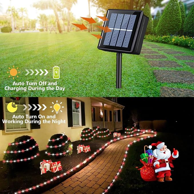 YEGUO Solar Christmas Lights Outdoor Waterproof, 2 Packs Each 33ft 100 LED Rope Lights, 8 Modes Fairy String Lights in Clear Thin Tube for Camping Fence Patio Garden Trampoline Deck(Red and White)