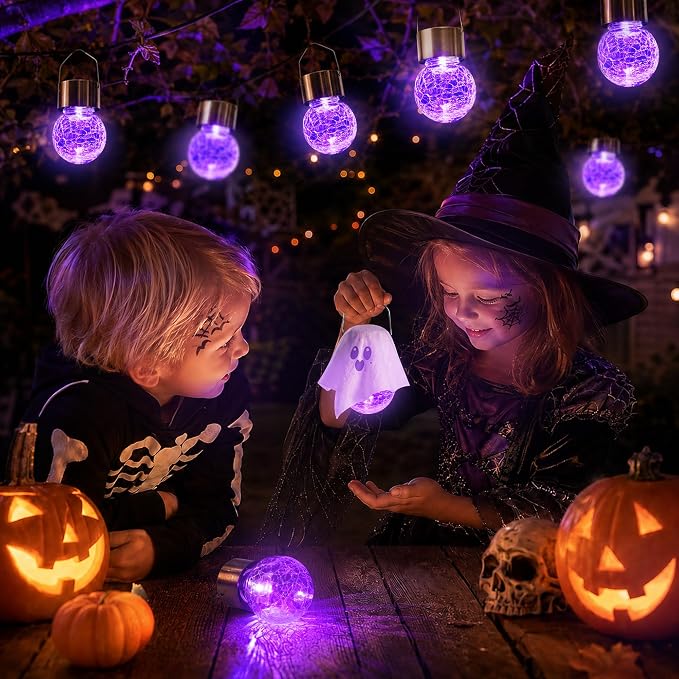 GIGALUMI Halloween Solar Lights Outdoor Solar Hanging Lanterns Outside 12PC | Purple, Halloween, Solar Powered, Waterproof, Decorative, Crackle Glass, Graden&Tree Decoration, Gifts for Women, Ornaments