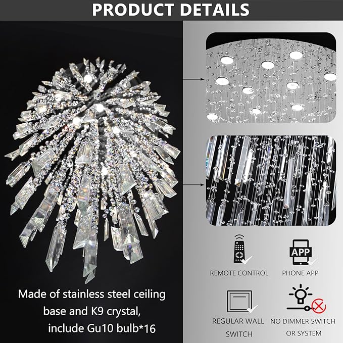 D40'' x H120'' Crystal Chandelier High Ceiling Chandeliers for Entryway Large Raindrop Chandeliers LED Dimmable Flush Mount Light Fixtures for Staircaes Foyer Hallway Living Room Bulbs Included Silver