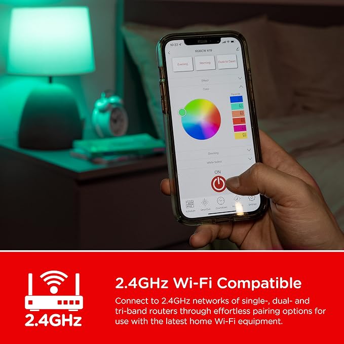 UltraPro Wi-Fi LED Smart Light Bulb, A19, 60W Equivalent, RGB, Color Changing, White Select Tunable 2700K - 6500K, Dimmable, 2.4GHz Router Required, Circadian Rhythm, Easy-to-Use App, 51444