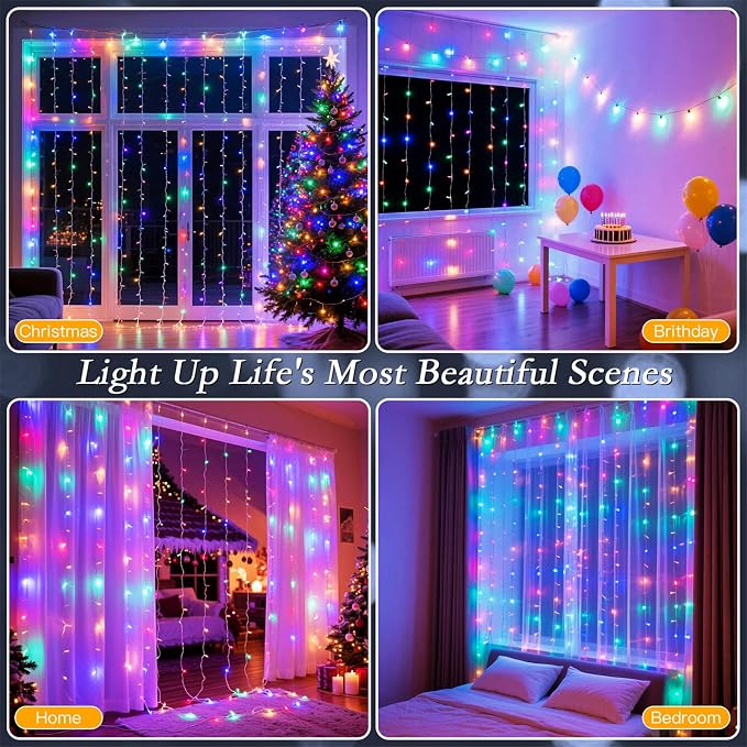 200 LED Multicolor Rainbow Curtain String Lights 9.8x6.6FT, Plug in Fairy Lights with 9 Hooks, Dimmable, Timer 8 Modes, IP44 Waterproof, Bedroom Party Wedding Christmas Indoor Outdoor Decor