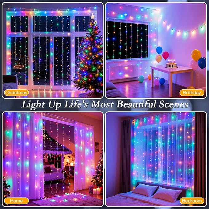 300 LED Multicolor Rainbow Curtain String Lights 9.8x9.8FT, Plug in Fairy Lights with 9 Hooks, Dimmable, Timer & 8 Modes, IP44 Waterproof, Bedroom Party Wedding Backdrop Christmas Outdoor Decor