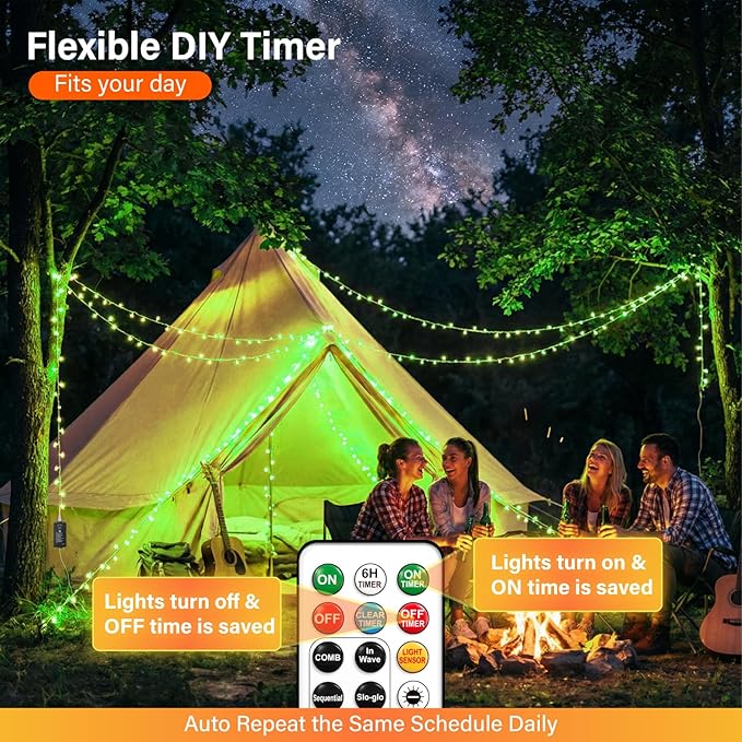 ZSJWL Rechargeable Fairy Lights with Remote，66ft 200 LED Outdoor Battery String Lights with DIY Timer & Light Sensor, Waterproof Dimmable Twinkle Light for Tree Christmas Indoor, Green