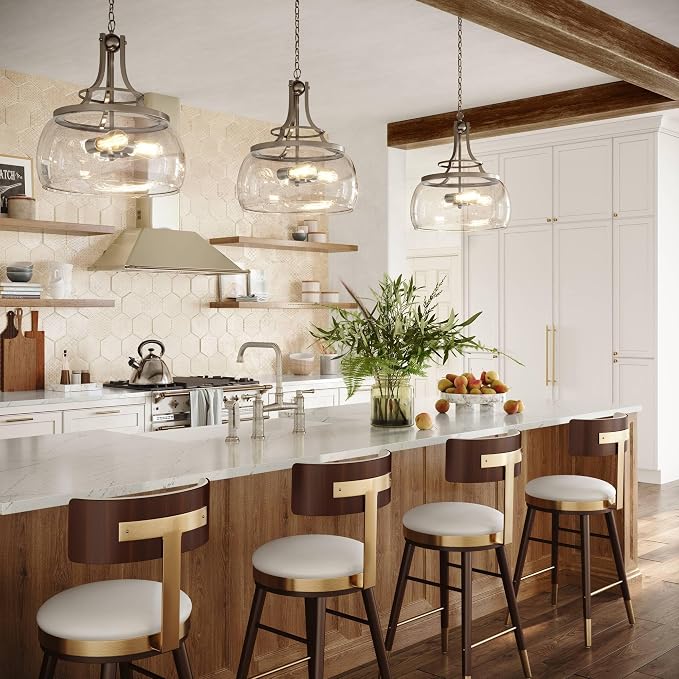 Charleston 16" Wide Satin Nickel 3-Light LED Pendant Light Light Fixture | Chandelier Rustic Farmhouse Seeded Clear Glass for Dining Room House Foyer Entryway Kitchen Bedroom Living