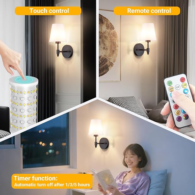 Vimhou Peel and Stick Wall Sconces, Stick On Wall Sconce Set of 2, Battery Operated Wireless Wall Light, No Drill Adhesive Wall Lamp, Corn Bulb with 10000mAh Rechargeable Battery, Bedroom Wall Decor