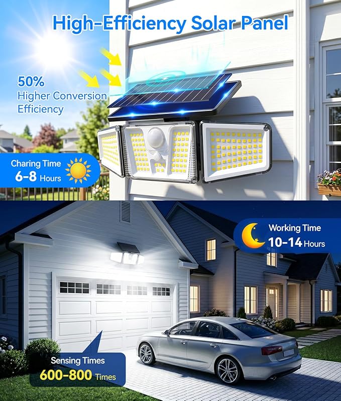 KOOPER Solar Flood Lights, 210 LED Motion Sensor Outdoor Lights, Solar Motion Lights Outdoor Waterproof, 3 Heads 300° Wide Angle Outdoor Security Lights for Yard Patio Garage Entryways, 3 Pack, Black