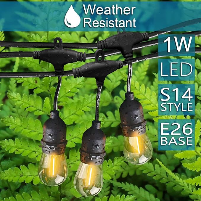 Outdoor String Lights, 50FT Waterproof Patio Lights with 1W Dimmable LED Bulbs, Hanging String Lights for Outdoor Backyard, Garden, Deck, Porch, Gazebo, Balcony, Camping, Party(Black)