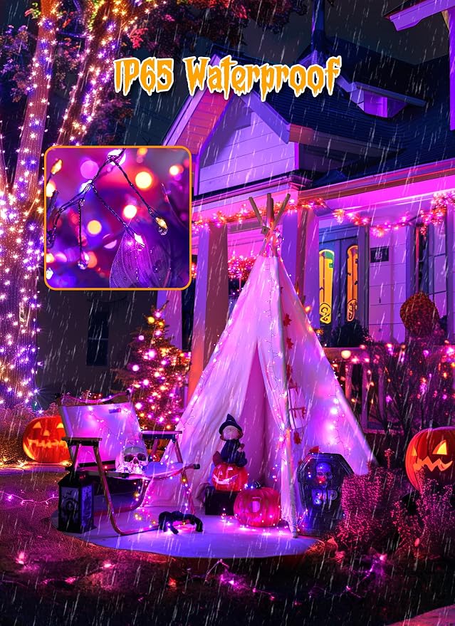 240 LED Solar Halloween Lights Outdoor Waterproof IP65, 20FT 8 Light Modes | Halloween Solar Lights Outdoor Solar Halloween String Lights Outdoor Twinkle Fairy Light Garland Decorations, Orange Purple