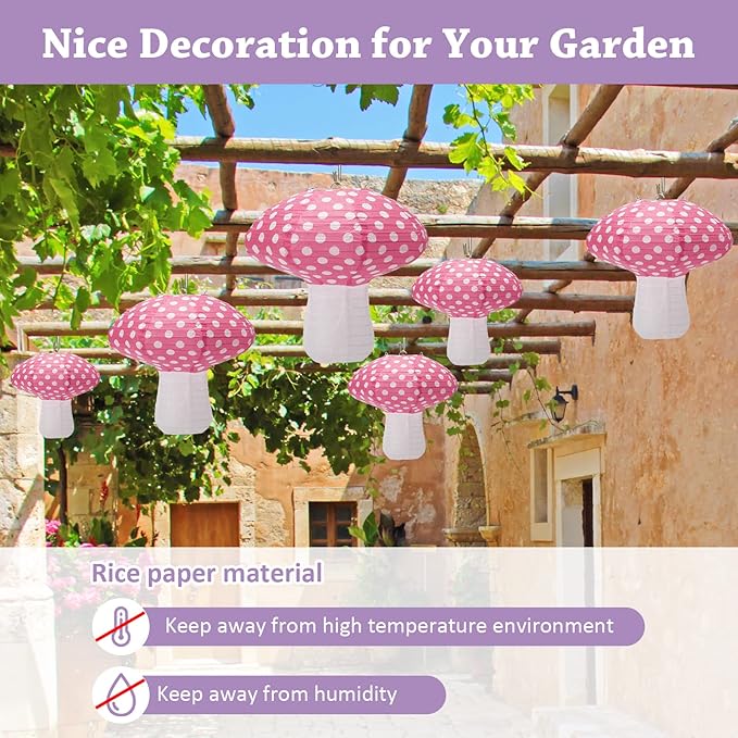 4Pcs Mushroom Shaped Paper Lanterns - Large Mushroom Shaped Paper Lanterns For Nursery, Garden, Christmas Party Decoration - 8 inch, 12 inch (Pink)
