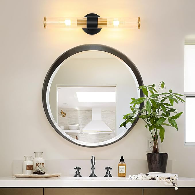 Morauroral Black Gold Battery Operated Wall Sconce, Rechargeable Wall Lights with Remote, 20 Inch Modern Wireless Wall Lamp for Bedroom, Living Room with Clear Glass Shade (Bulbs Included)