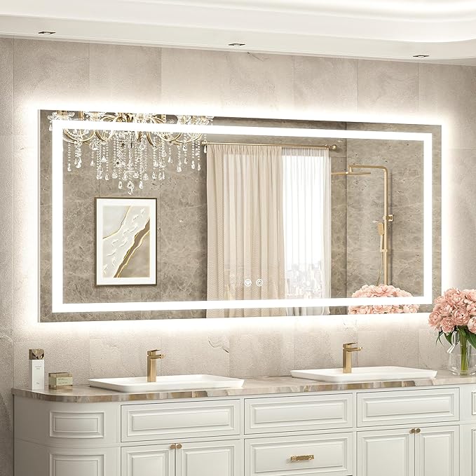60 x 28 LED Lighted Bathroom Mirror with Lights, Brighter Front and Backlit Light up Mirror for Bathroom Vanity Wall, 3-Color Dimmable Illuminated Antifog Mirror, Waterproof, Tempered Glass