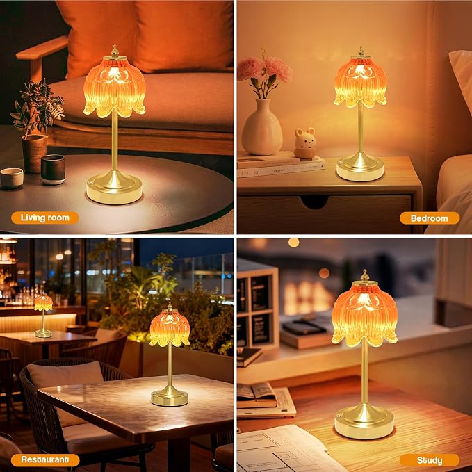 Cordless Table Lamp, Rechargeable Honey Glass Lotus Flower Lamp | 5200mAh touch lamp with 3 color modes and stepless dimming, battery operated lamp for nightstands and kitchen counters