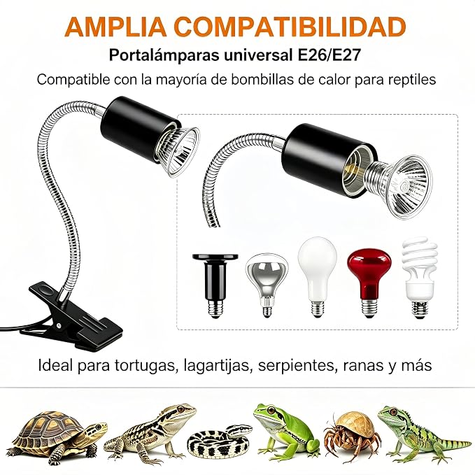 Reptile Heat Lamp with Clamp, 360° Flexible Gooseneck UVA UVB Turtle Basking Light Fixture with 2 Pcs 50W Bulb, Dimmable Heating Lamp for Turtle, Lizard, Snake, Chameleon, Hermit Crab