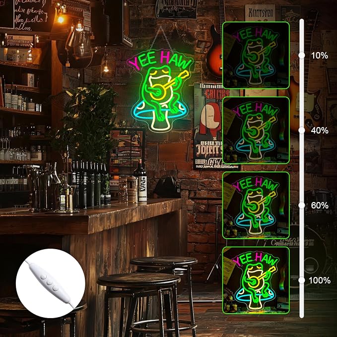 Yee Haw Frog Neon Sign Cowboy LED Light Bar Decor Man Cave | Dimmable Funny Frog Guitar Light Up Sign for Pubs, Game Rooms, Music Rooms & Cowboy Fans, LED Wall Decor, Easy Mount, USB