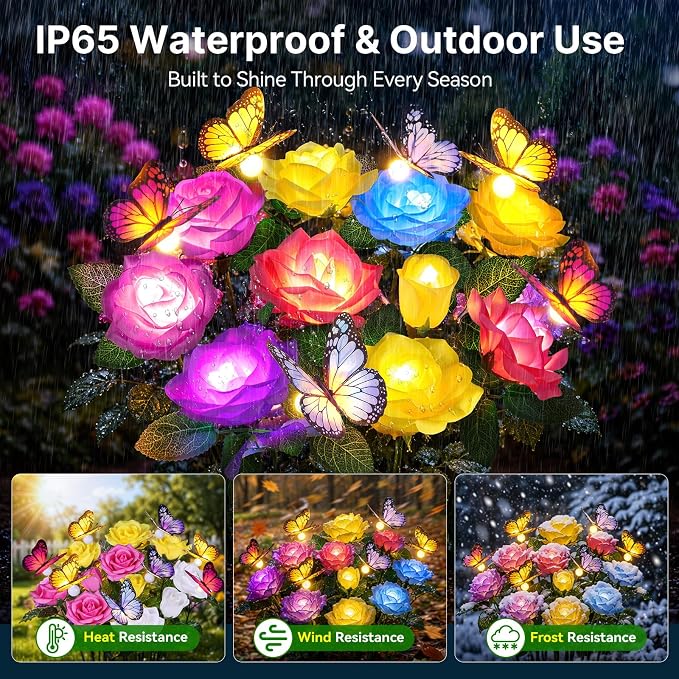 Solar Garden Lights Outdoor, 3 Pack Solar Flower Swaying Butterfly Lights | 12 Color Changing Rose Flowers & 9 Warm White Butterflies, IP65 Waterproof Garden Decor for Outside, Gifts for Women
