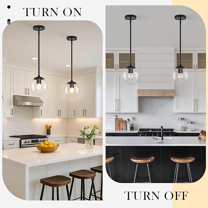 6" Globe Pendant Light Black 2 Pack Mid Century Pendant Light Globe Pendant Lights Kitchen Island Matte Black Finished with Clear Glass Adjustable Ceiling Light Fixtures for Dining Room Bar