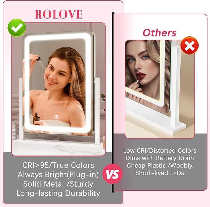 ROLOVE Vanity Mirror with Lights, 12.6"x15" LED Makeup Mirror with Lights, Smart Touch Control 3 Color Dimmable, Lighted Desk Mirror for Bedroom, Light Up Mirror