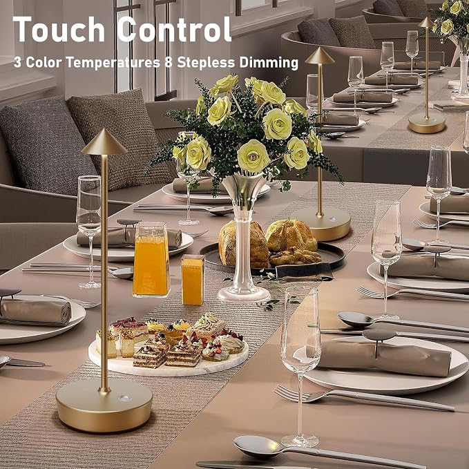 Set of 2 Cordless Rechargeable Led Table Lamp Battery Operated Light Bronze | 6000mAh Touch 3 Color Dimming Portable Metal Outdoor Waterproof Light for Patio/Restaurant/Dining/Home
