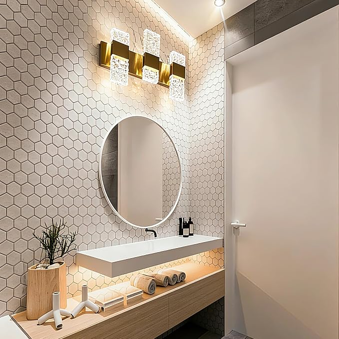 Gold Bathroom Vanity Lights Fixtures Over Mirror LED Crystal Modern 3 Light Brushed Stainless Steel Wall Mount Light for Bathroom Lighting Fixtures 3000K 30Watts Warm Light