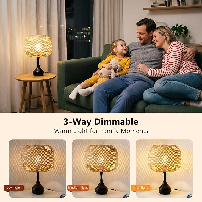 ONEWISH Touch Bedside Lamp for Bedroom, 3-Way Dimmable Table Lamps for Nightstand, Handwoven Bamboo Shade Desk Lamp for Living Room, Home Office