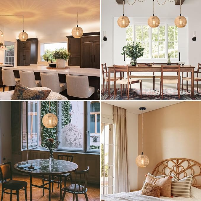 15ft Plug in Pendant Light with Cord Dimmable Switch | Rattan Hanging Lamp with Hand Woven Wicker Plug in Chandelier Boho Hanging Lights Fixture for Bedroom kitchen Hallway Foyer
