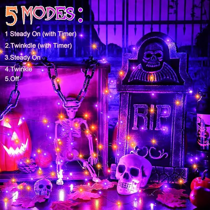 4 Pack Halloween Timer Fairy Lights Battery Operated Twinkle Lights | 16.4Ft 50 LED Purple Orange Fairy Lights Outdoor with Timer 5 Modes,Black Wire