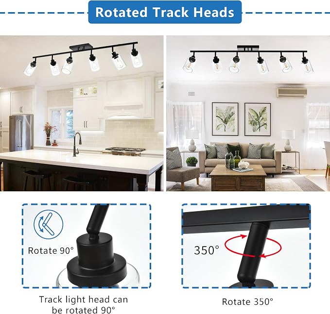 MELUCEE Ceiling Track Lighting Kits with Flexibly Rotatable Light Head | 6 Light Bathroom Light Fixtures Wall Mount Modern Black Spotlights with Clear Glass Shade, 45.3 Inch